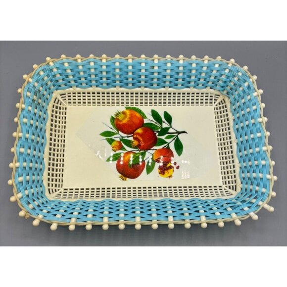 Vtg Plastona Rectangular Plastic Basket Serving Tray Blue Fruit - Picture 1 of 6